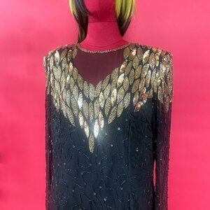 Vintage 1980s Stenay Black & Gold Beaded Cocktail Dress – Art Deco